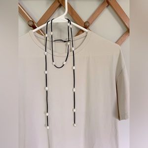 Leather and freshwater pearl long choker necklace black